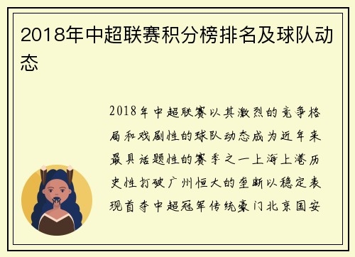2018年中超联赛积分榜排名及球队动态